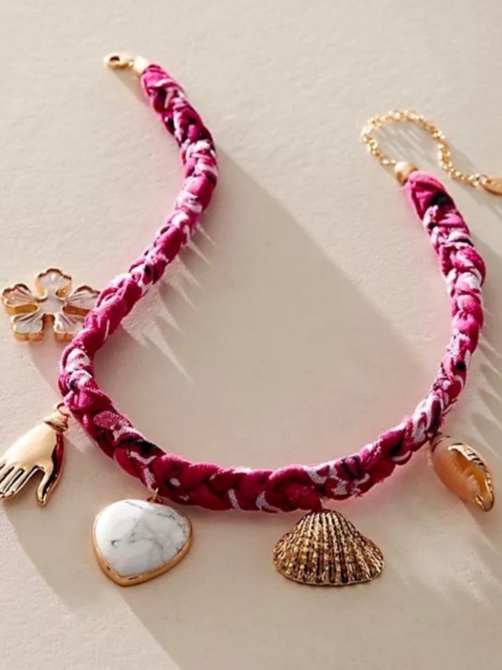 Free People Pink Braided Shell & Charm Necklace
